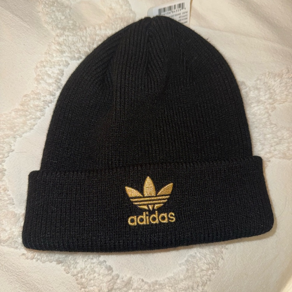 NWT Adidas Originals Black Beanie with Gold Trefoil logo
